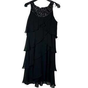 Black Sequin Beaded Yoke Tiered Sleeveless Dress Size 10